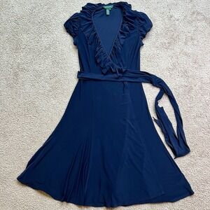 Lauren Ralph Lauren Wrap Belted Ruffled Dress Navy Blue Flared Midi V Neck Sz 4